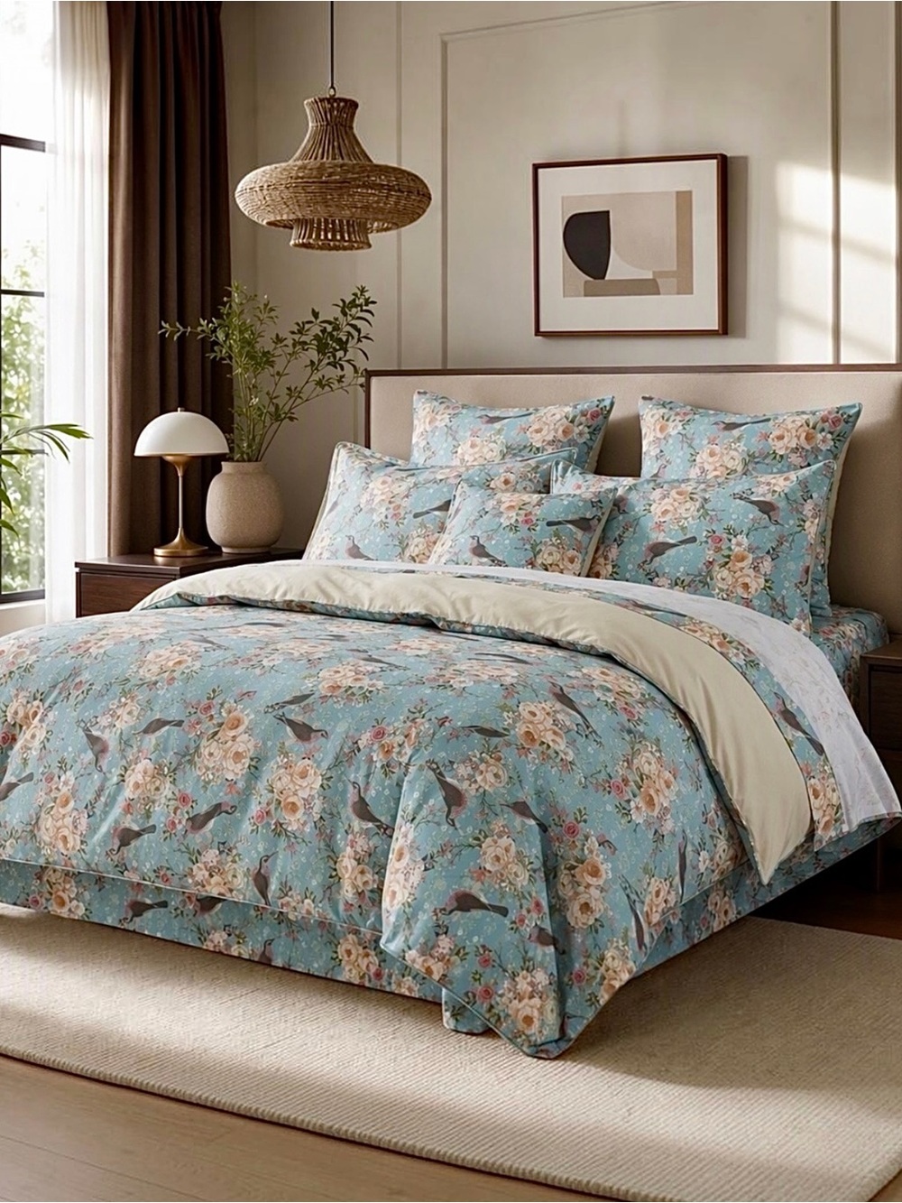 NEW Anthropologie Blue Floral Botanical Bird 100% Cotton Duvet Bedding Sham Set